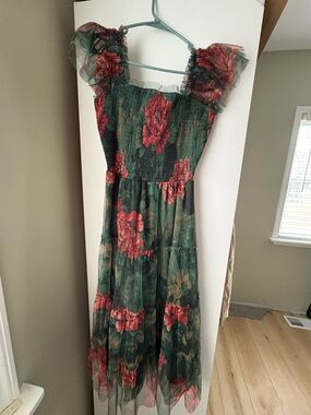 Baltic Born Green Floral Midi Dress with Red Rose Print